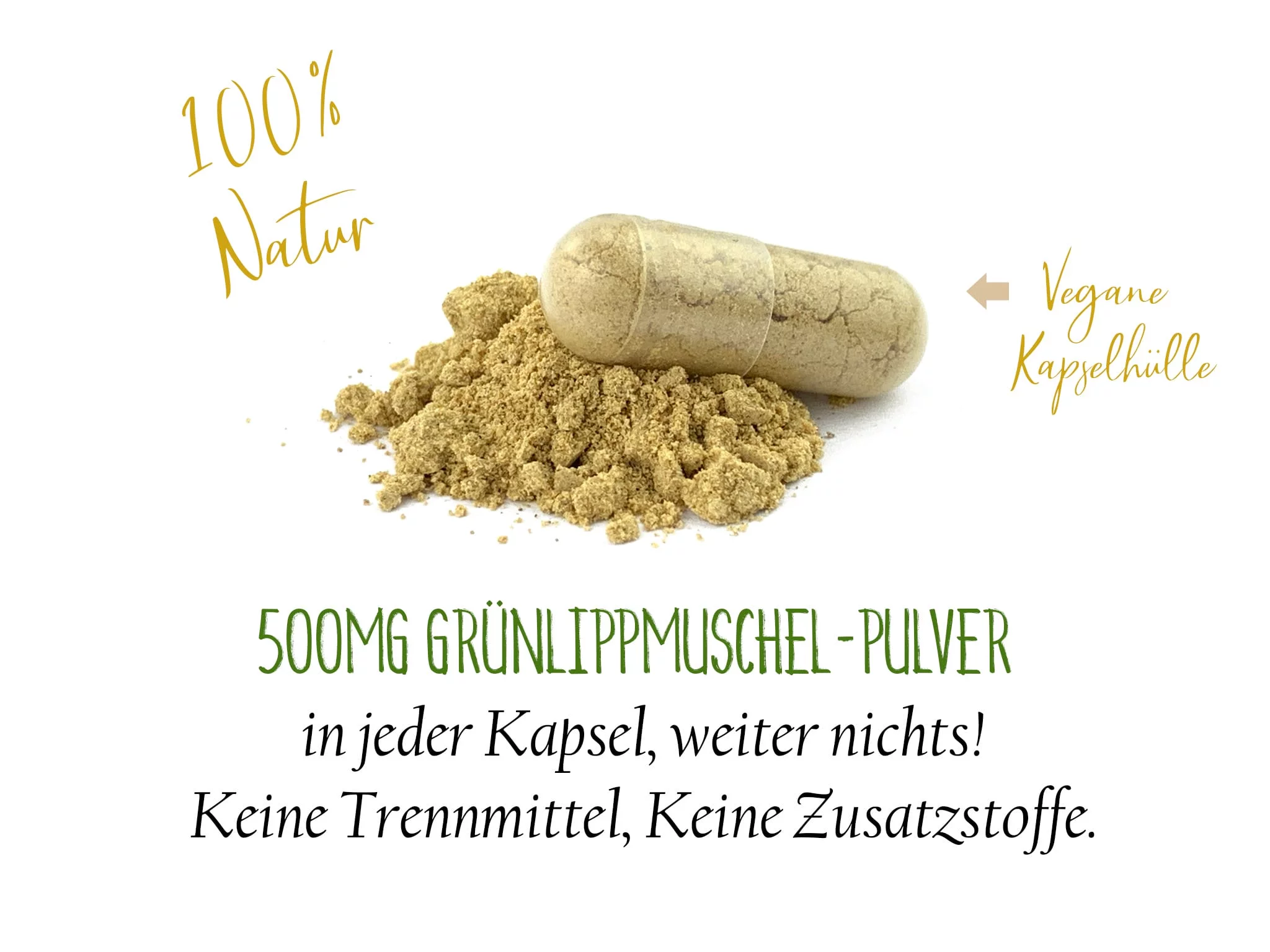 Grünlippmuschel Kapseln mit Hinweis auf Vorratspackung mit drei Gläsern