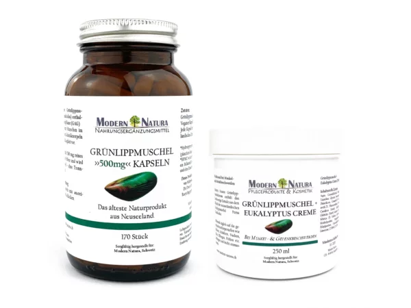 Set cozza verde con capsule e crema nella visualizzazione completa del prodotto