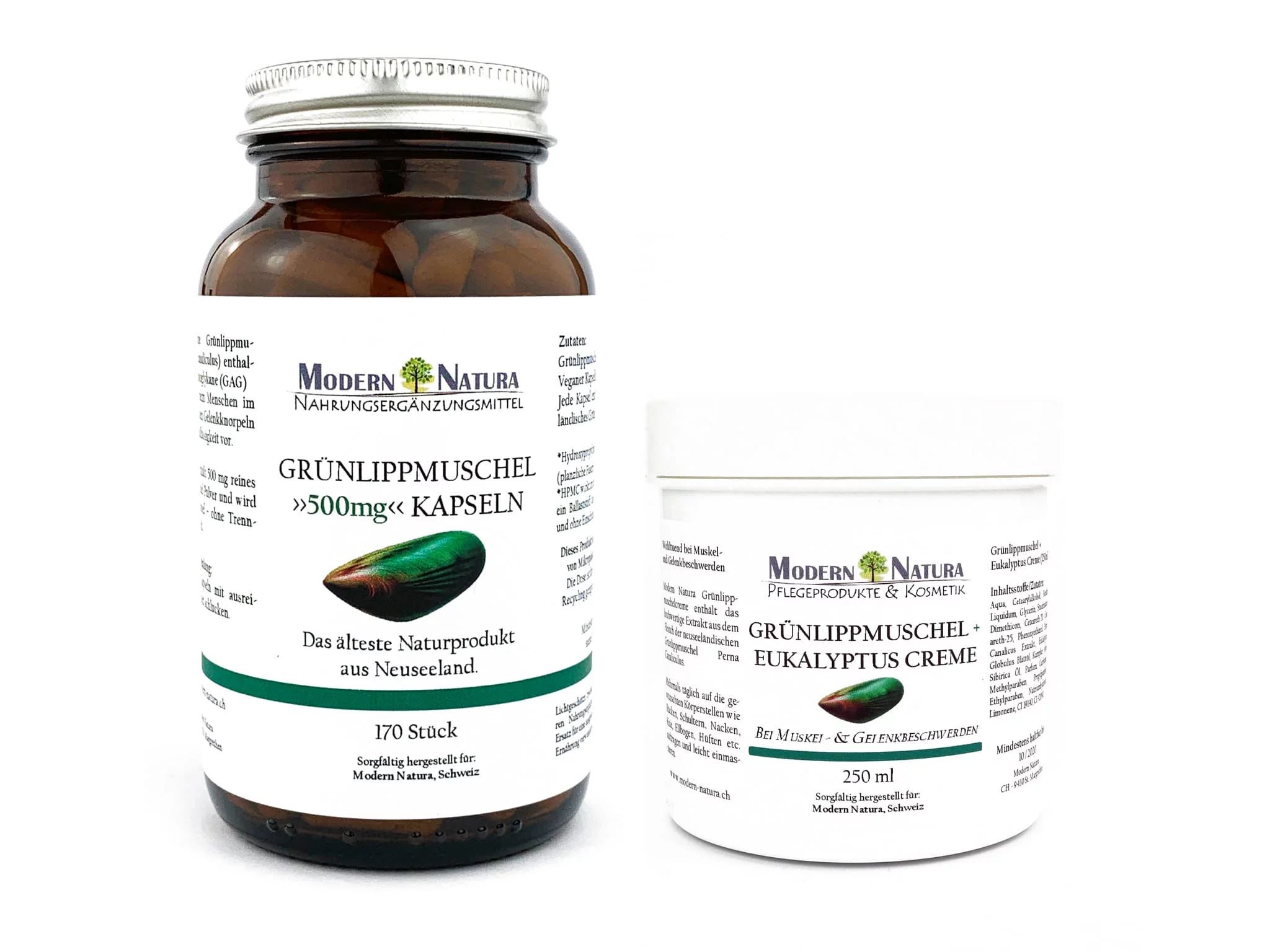 Set cozza verde con capsule e crema nella visualizzazione completa del prodotto