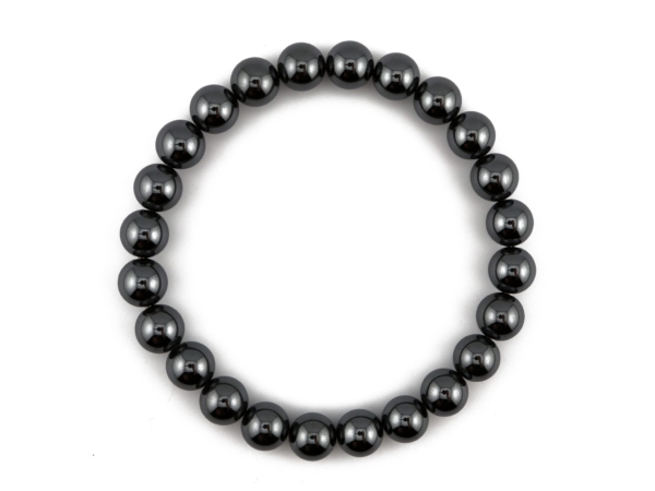 Hematite gemstone bracelet in top view with evenly arranged shiny beads
