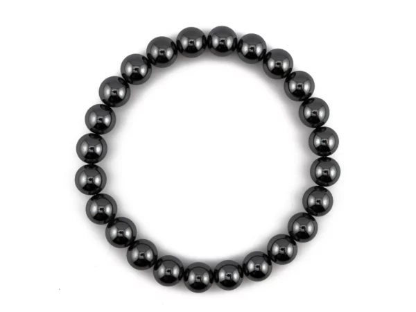 Hämatit Edelsteinarmband in Draufsicht mit gleichmässig angeordneten glänzenden Kugelsteinen