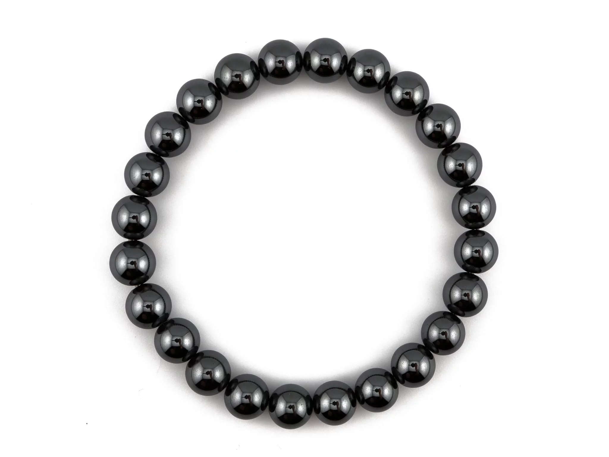 Hematite gemstone bracelet in top view with evenly arranged shiny beads