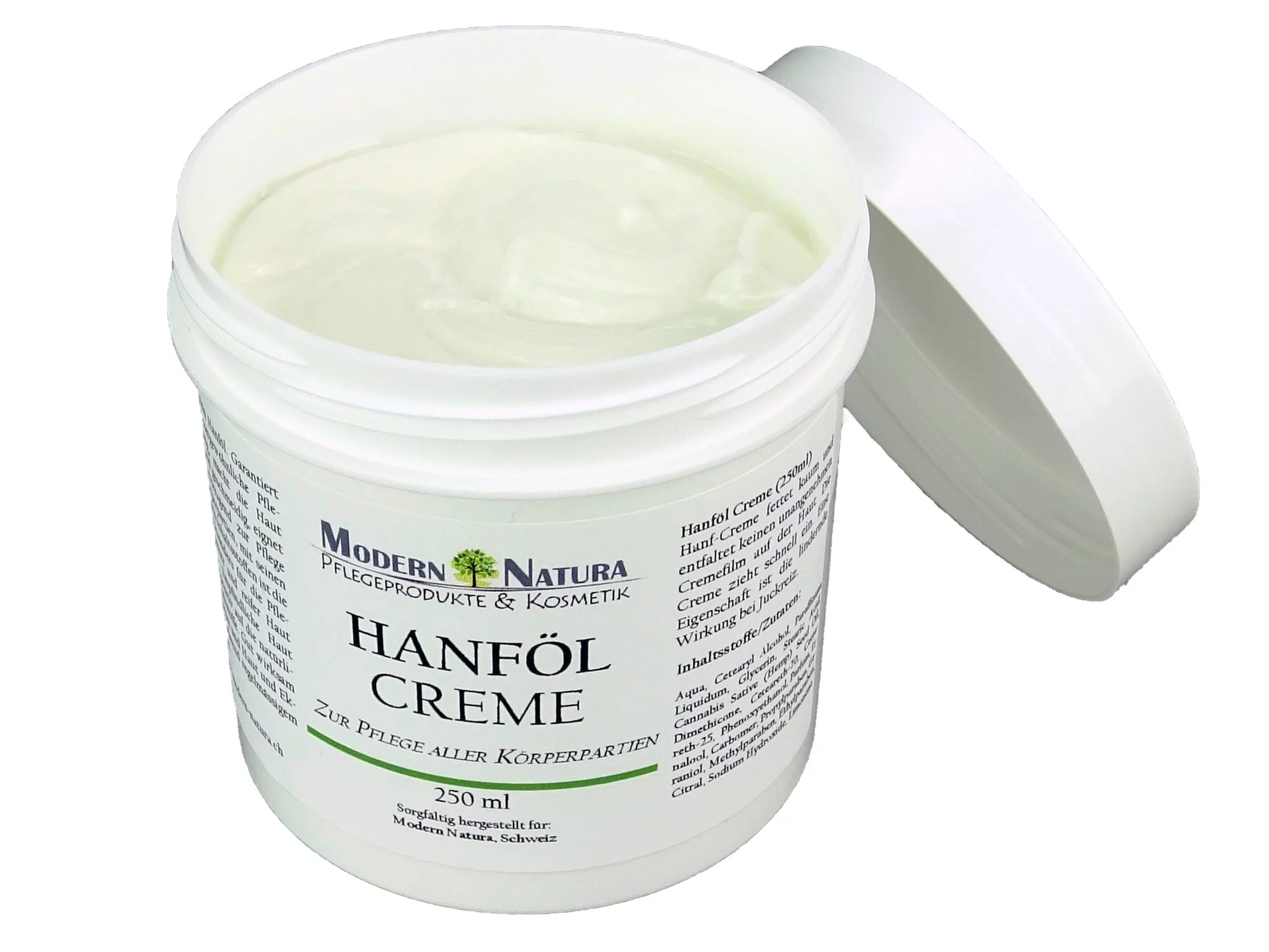 Hemp oil cream for face and body care with open cream packaging