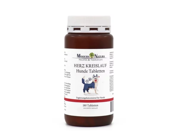 Heart circulation dog tablets in a brown plastic tub with a white screw cap on a white background