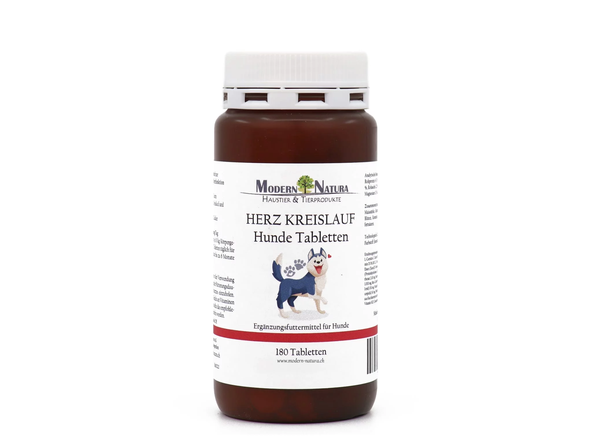 Heart circulation dog tablets in a brown plastic tub with a white screw cap on a white background