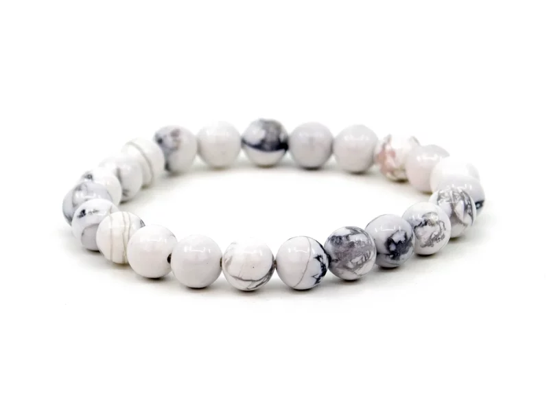 Howlite gemstone bracelet with white, grey-veined beads in full front view