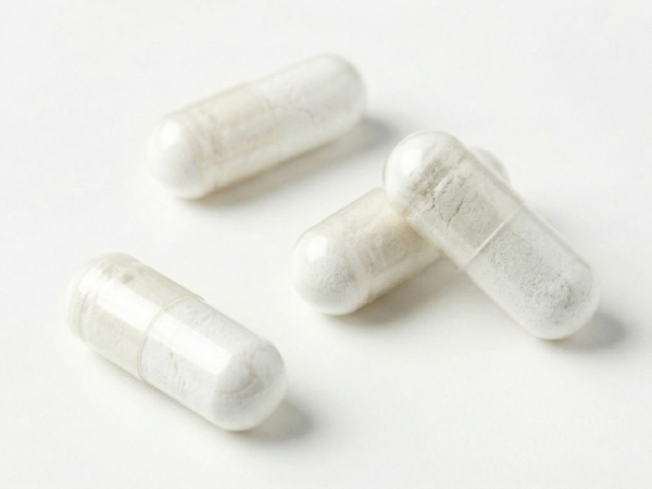 Magnesium capsules as white powder filling in transparent vegetarian capsule shells