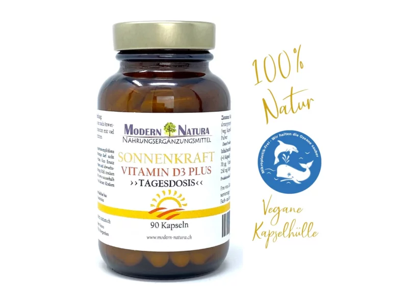 Vitamin D3 Kapseln Sonnenkraft im Braunglas mit goldenem Deckel und veganer Kapselhülle