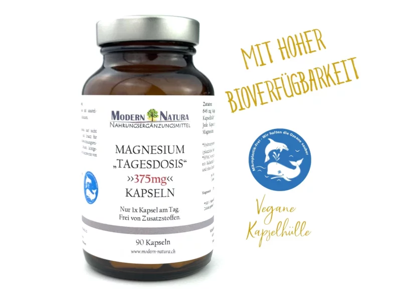 Magnesium Kapseln im Braunglas mit silbernem Deckel und Hinweis auf vegane Kapselhülle
