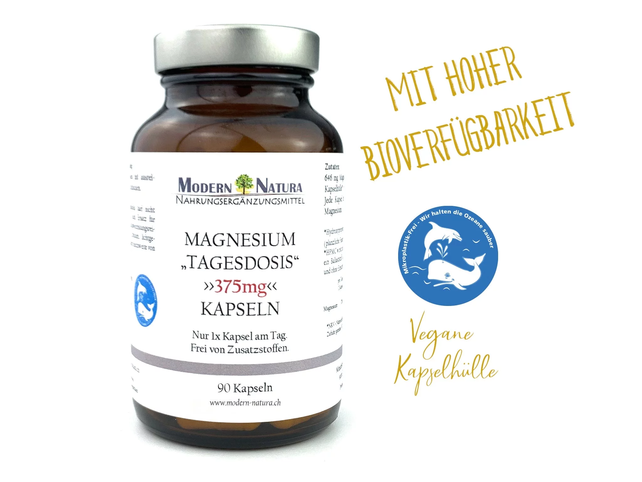 Magnesium capsules in brown glass jar with silver lid and indication of vegan capsule shell