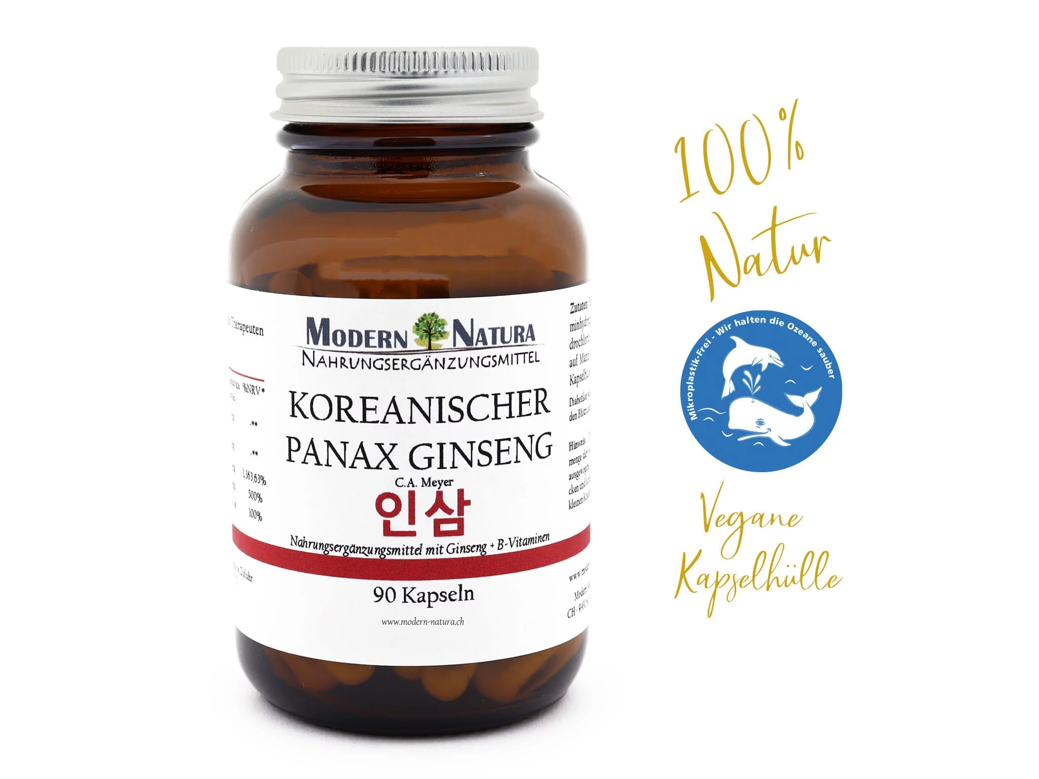 Capsule di Panax Ginseng in barattolo come vista principale dell'integratore vegano