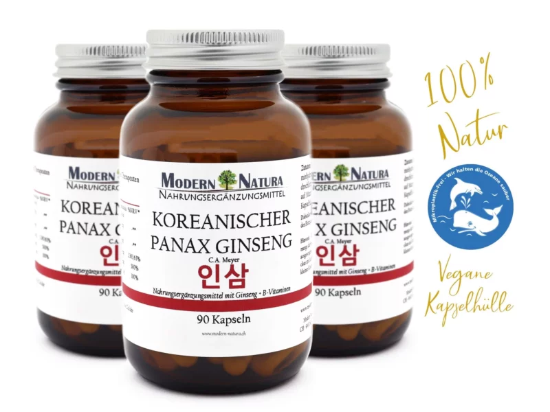 Korean Panax Ginseng triple pack with three jars and vegan capsules on a light background
