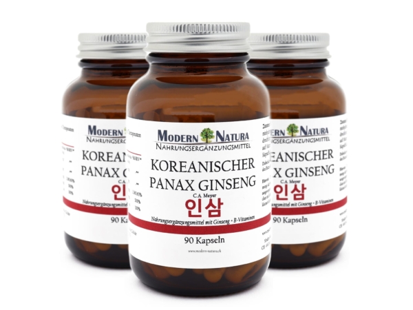Pack de trois de ginseng Panax coréen en vue détaillée avec indications sur les vitamines B