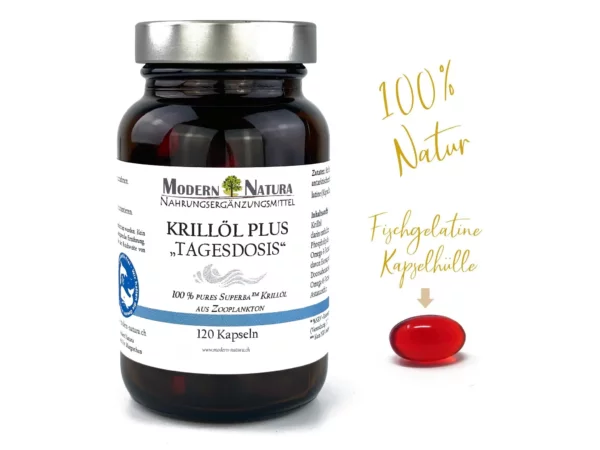 Krillöl Plus Kapseln, Produktansicht gemäss Dateibezeichnung mit Einzelglas und 120 Kapseln