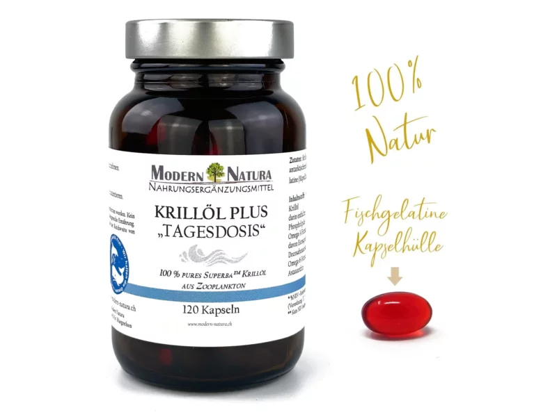 Krillöl Plus Kapseln, Produktansicht gemäss Dateibezeichnung mit Einzelglas und 120 Kapseln