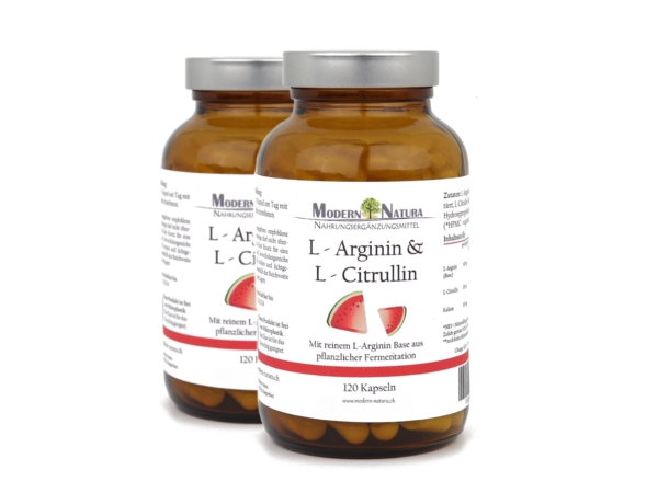 Gélules de L-arginine et L-citrulline pack double en vue produit complémentaire