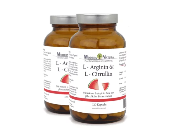 L-Arginin und L-Citrullin Kapseln Doppelpack in ergänzender Produktansicht