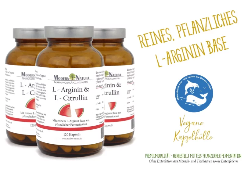 L-Arginin und L-Citrullin Kapseln Dreierpack, Produktansicht der drei Glasdosen