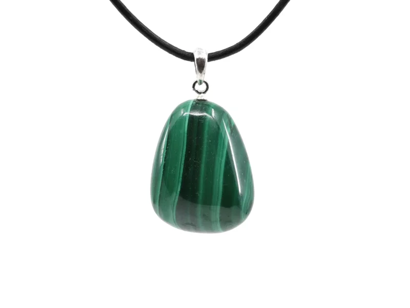 Malachite gemstone pendant with green-banded teardrop stone and black necklace