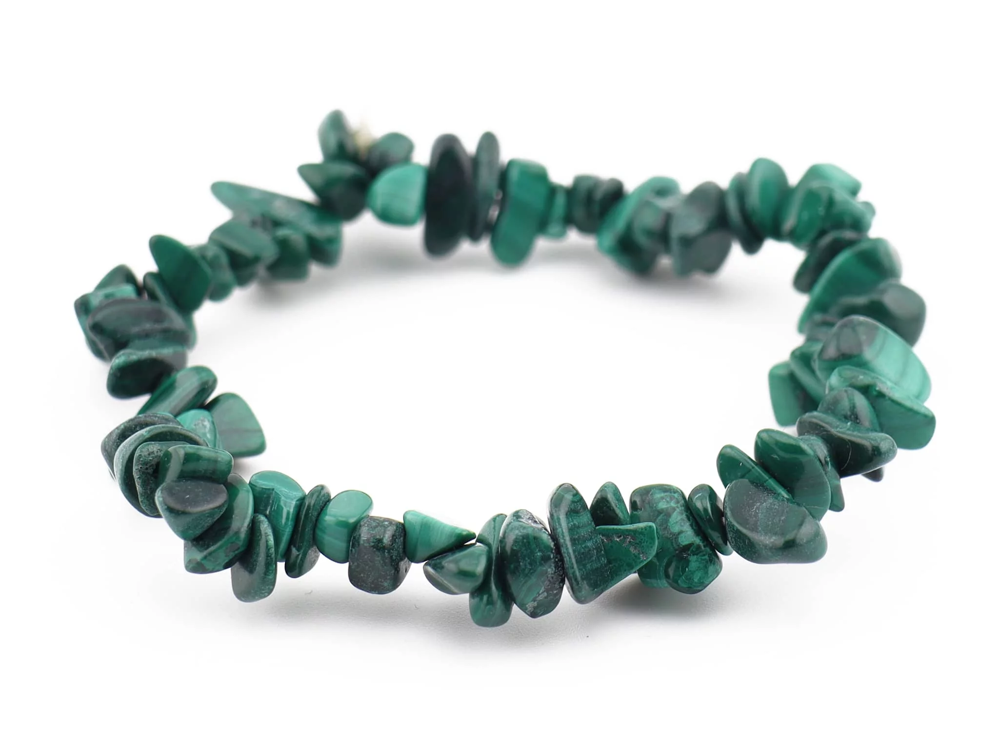 Malachite chip gemstone bracelet with green grained, tumbled stones on a white background