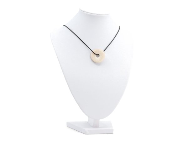 Moonstone donut pendant as necklace on white jewelry bust in wearing view