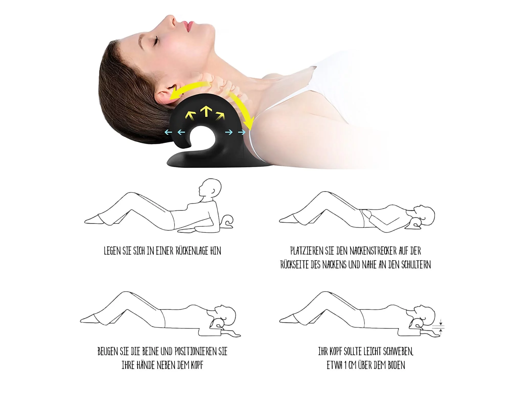 Graphique d'utilisation extenseur cervical avec position allongée et positionnement correct sur la nuque