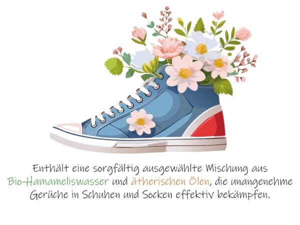 NaturBalance shoe and sock spray with an illustration of a blue sneaker and flowers on a white background