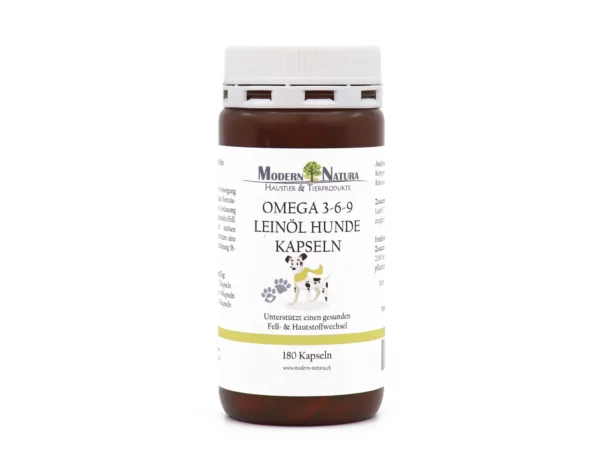 Capsules d’huile de lin oméga 3-6-9 pour chiens dans une boîte en plastique marron avec un bouchon à vis blanc