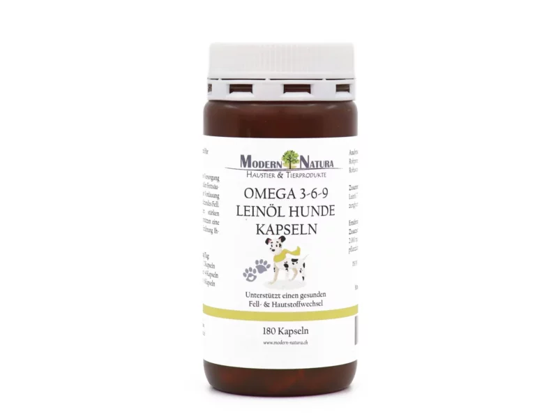 Omega 3-6-9 Leinöl Hunde Kapseln in brauner Kunststoffdose mit weissem Schraubdeckel