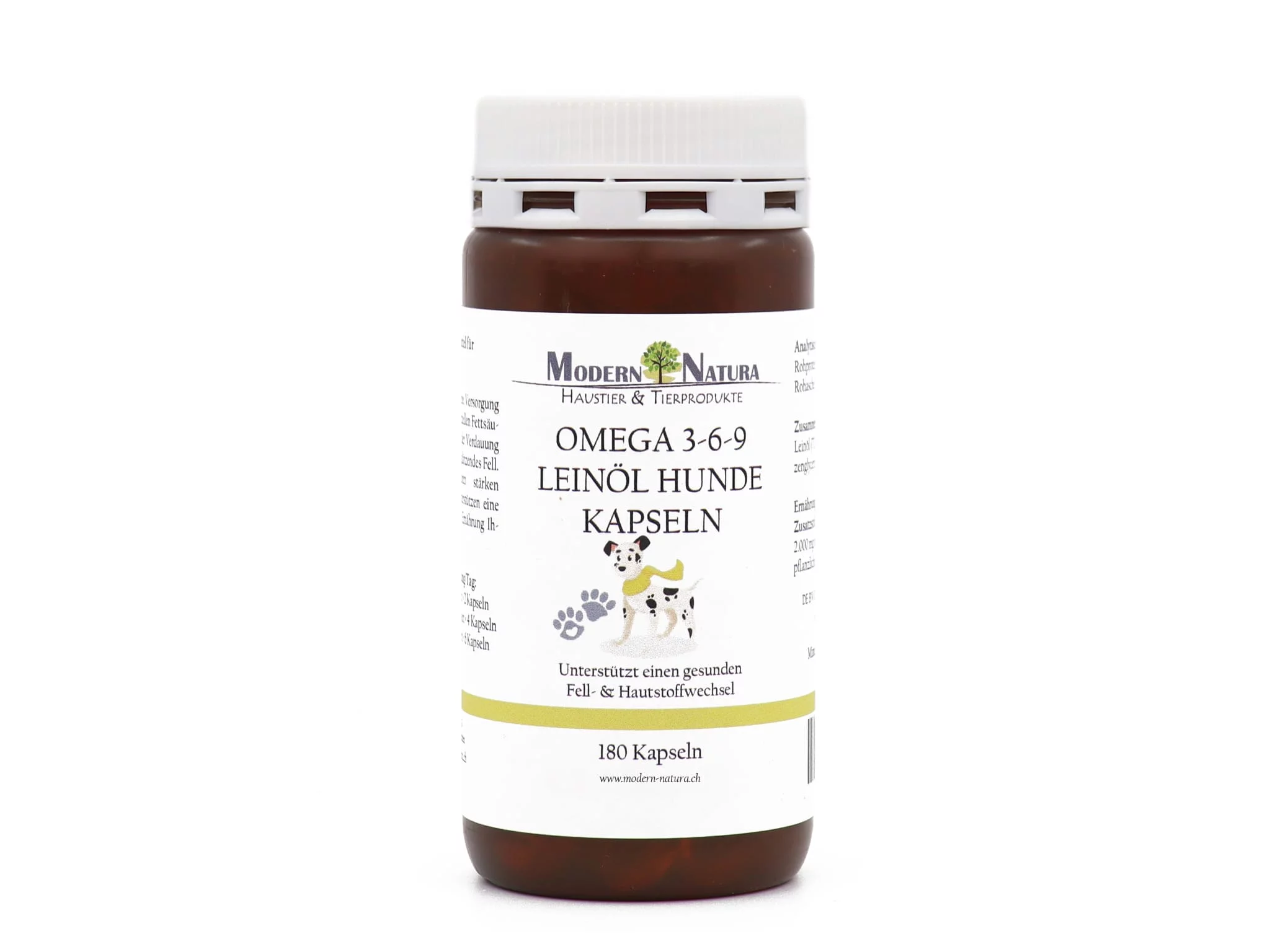 Capsules d’huile de lin oméga 3-6-9 pour chiens dans une boîte en plastique marron avec un bouchon à vis blanc