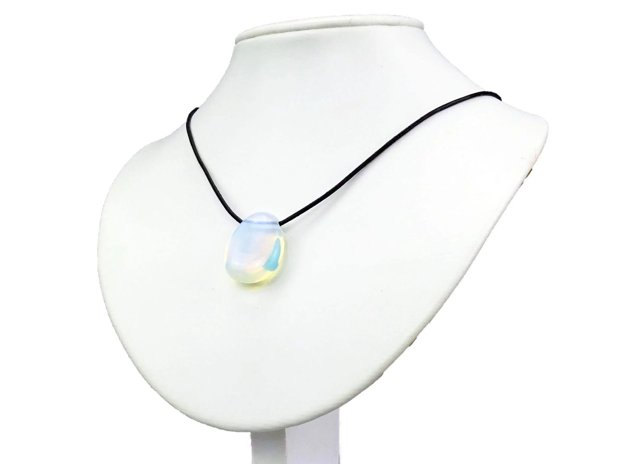 Opalite gemstone pendant on a black necklace on a white jewelry bust