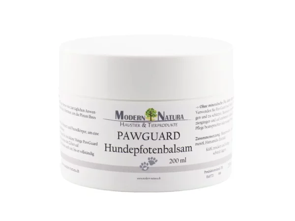 PawGuard Dog Paw Balm in white 200ml jar with label on light background