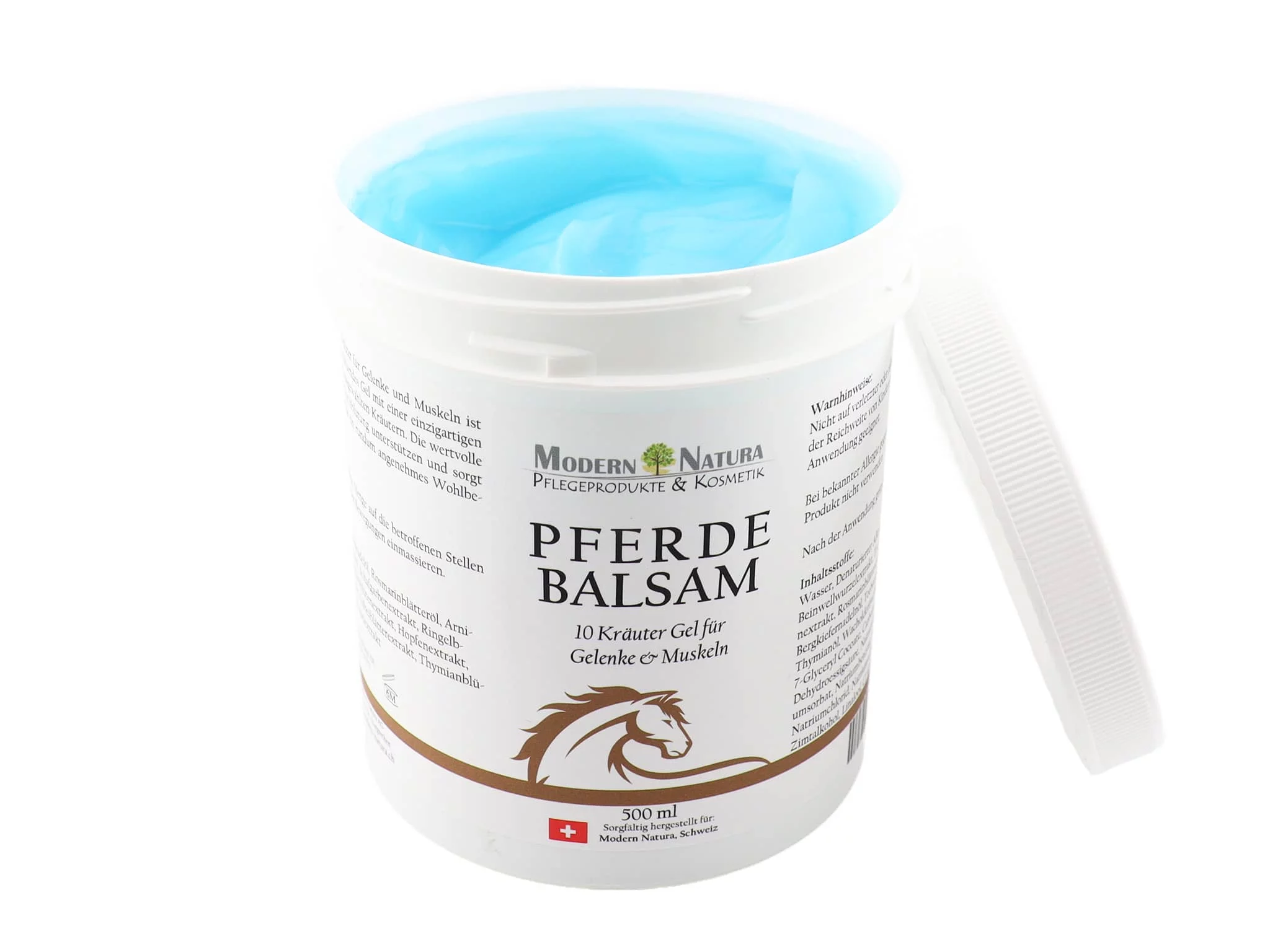 Pferdebalsam Gel in geöffneter weisser Dose mit sichtbarem blauem Gel und Deckel daneben