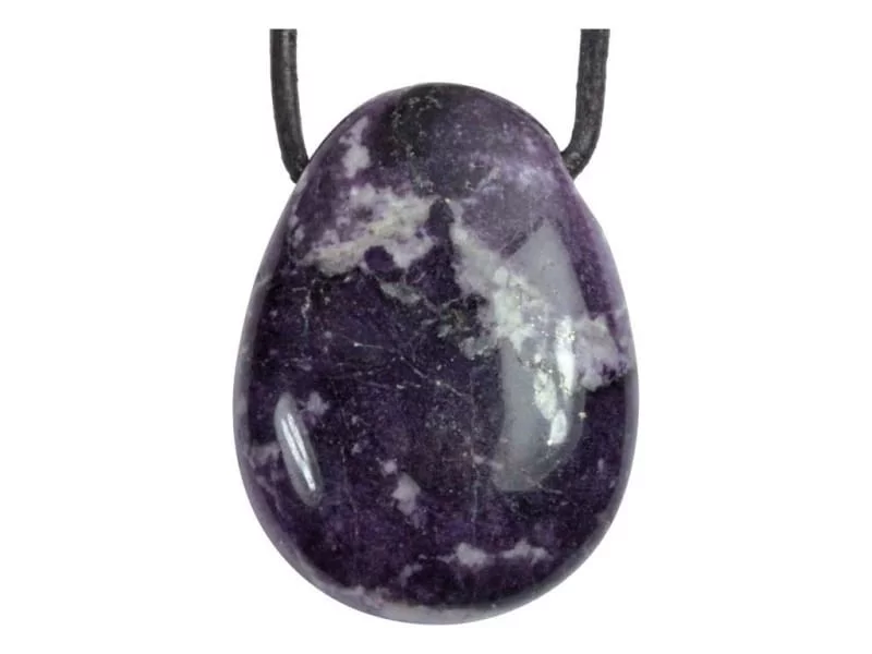 Purple Heart gemstone pendant in dark violet with light natural inclusions on a black band