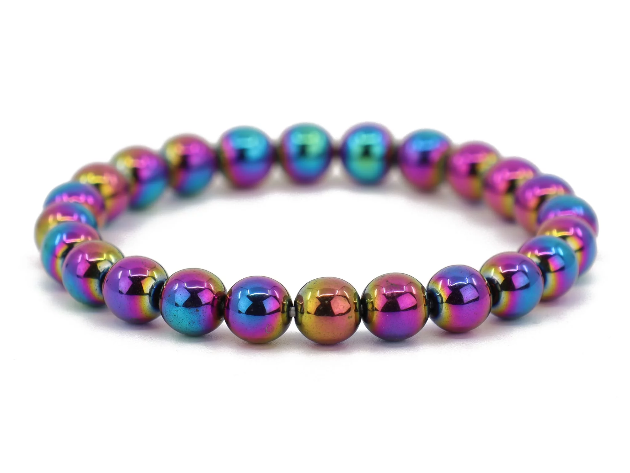 Rainbow hematite gemstone bracelet with iridescent beads in an oval overall view on a white background
