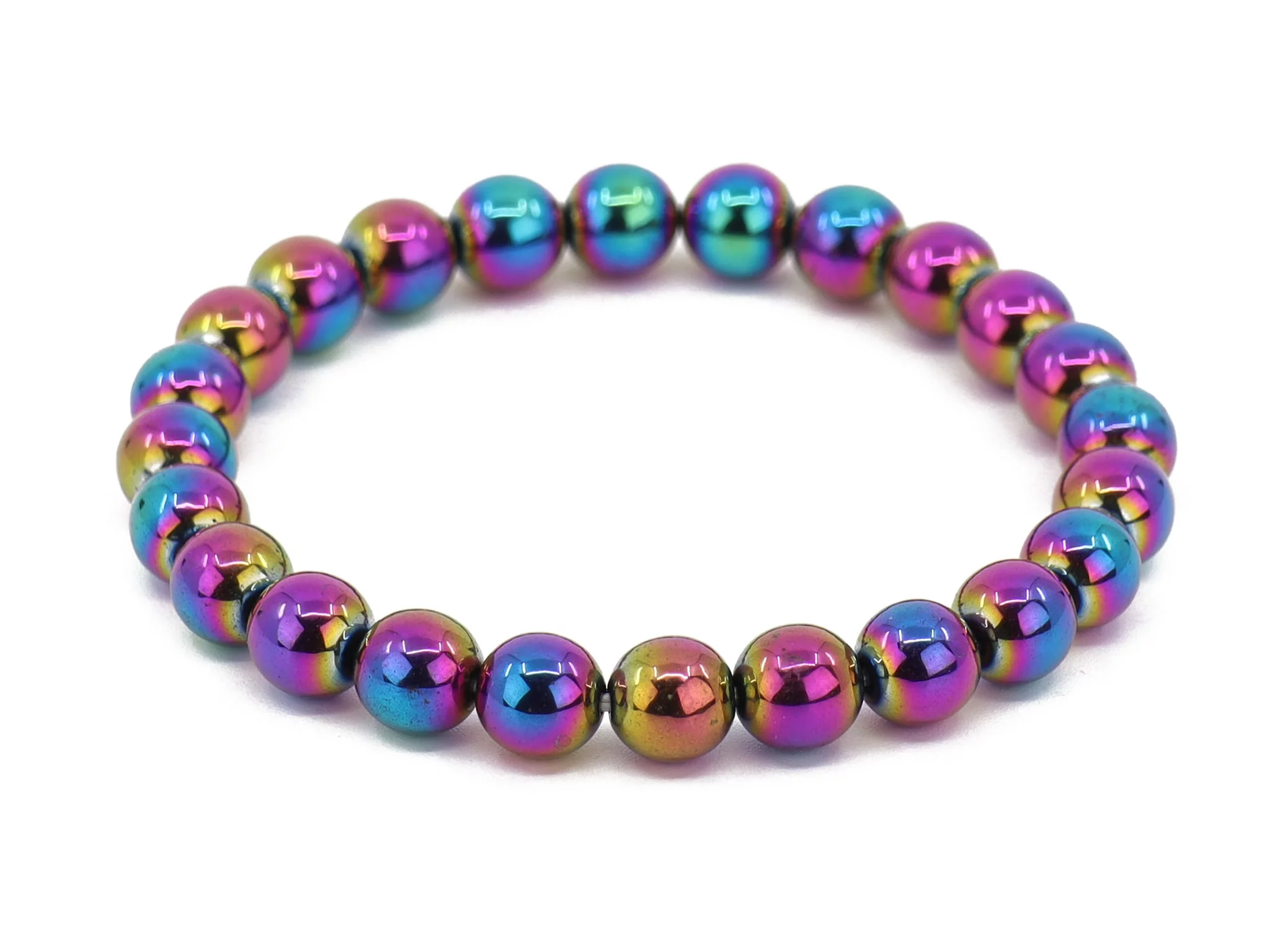 Rainbow hematite gemstone bracelet with polished rainbow-colored beads in a close-up view