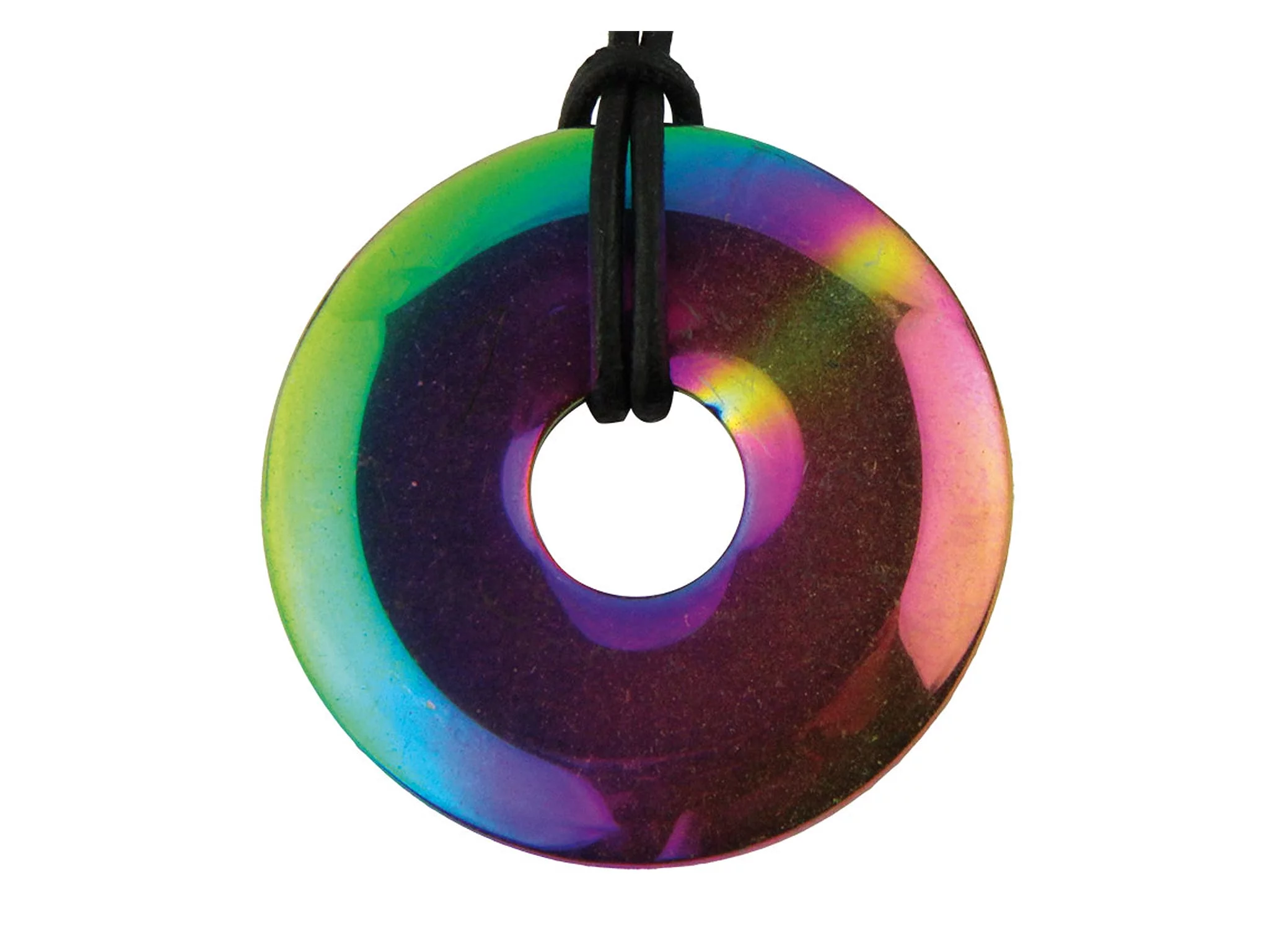 Rainbow hematite donut pendant with black cord and shimmering rainbow colors on white background
