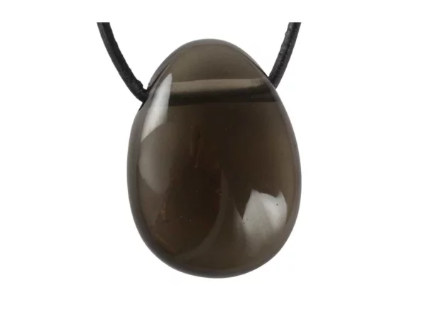 Smoky quartz gemstone pendant with polished dark brown surface and black cord