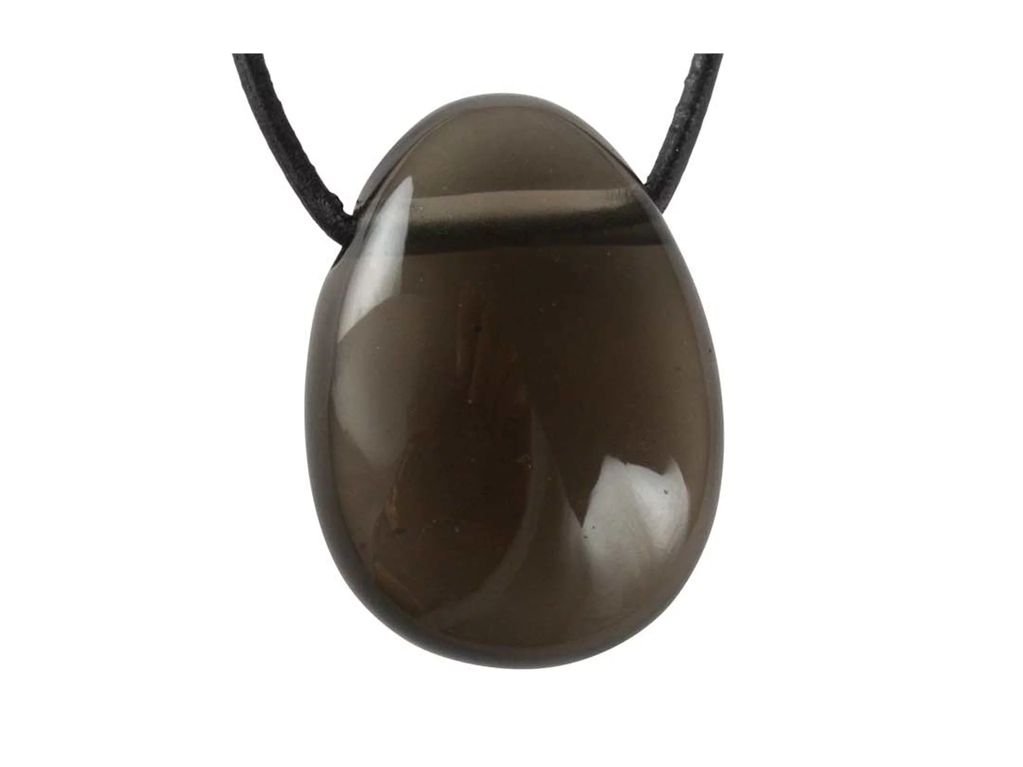 Smoky quartz gemstone pendant with polished dark brown surface and black cord