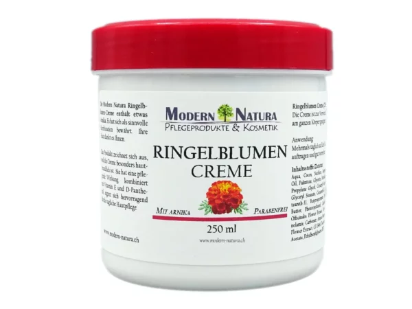 Ringelblumen Creme im weissen Kunststofftiegel mit rotem Schraubdeckel und Etikett mit Blütenmotiv