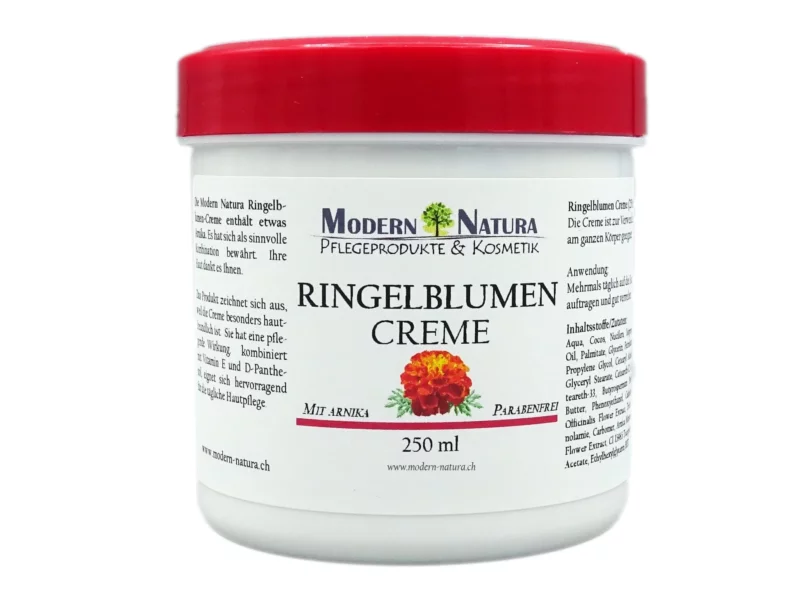 Marigold cream in a white plastic jar with a red screw cap and a label with a floral motif