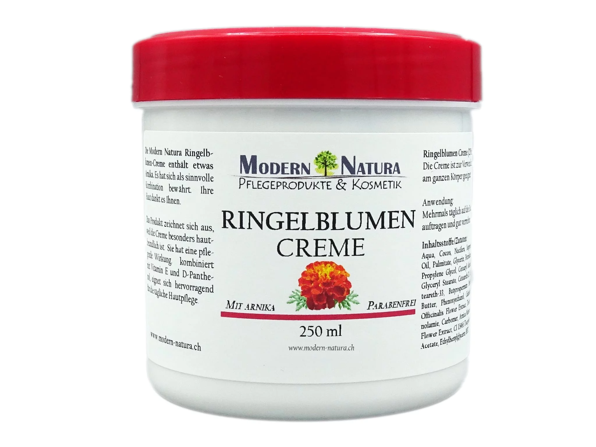 Ringelblumen Creme im weissen Kunststofftiegel mit rotem Schraubdeckel und Etikett mit Blütenmotiv
