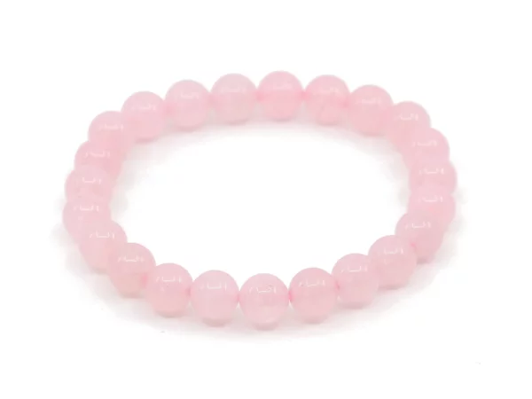 Rosenquarz Edelsteinarmband in ovaler Ansicht mit gleichmässig polierten rosa Kugeln