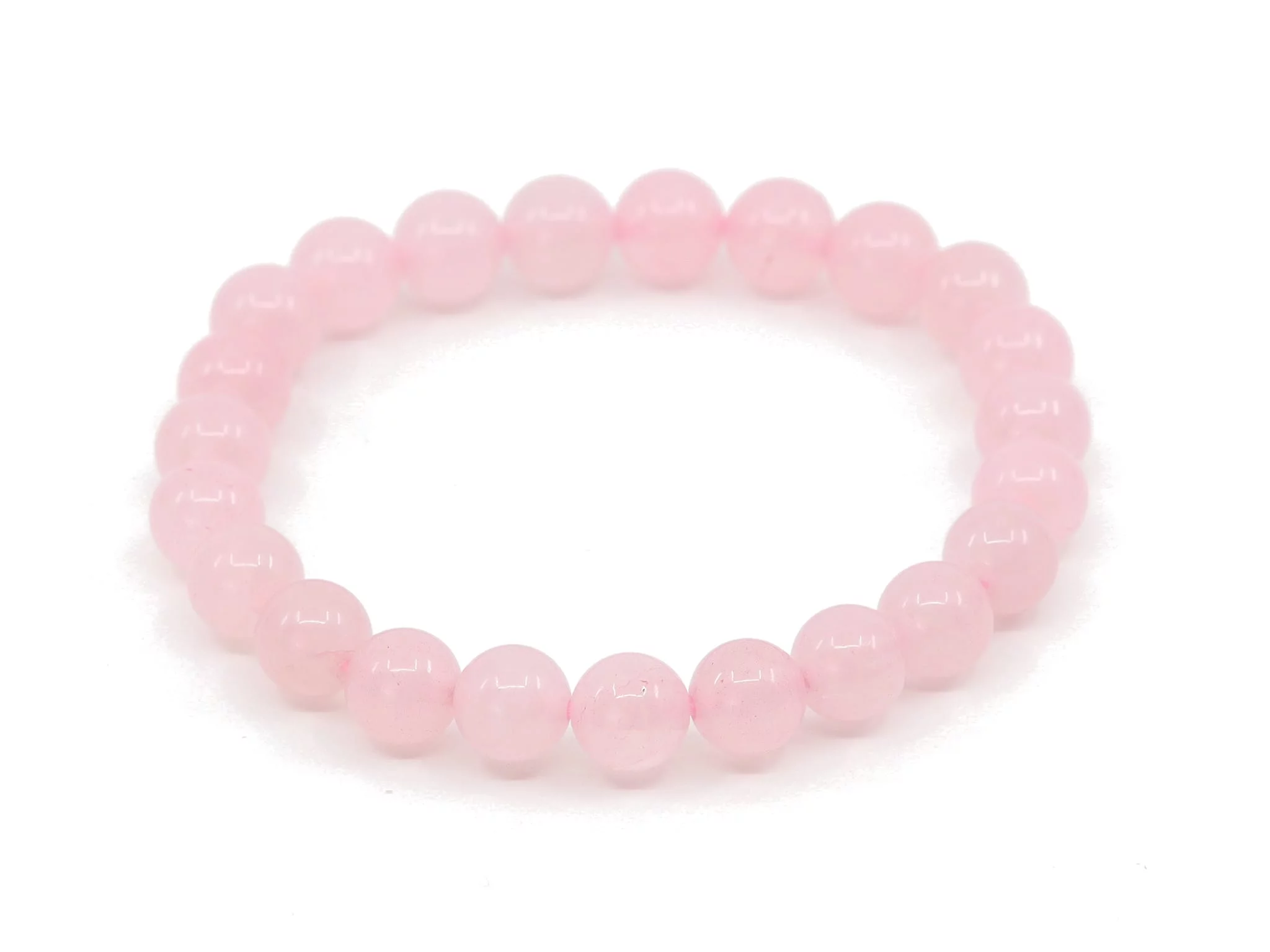 Rosenquarz Edelsteinarmband in ovaler Ansicht mit gleichmässig polierten rosa Kugeln