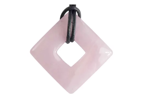 Rose quartz square donut pendant in delicate pink with black leather cord against white background