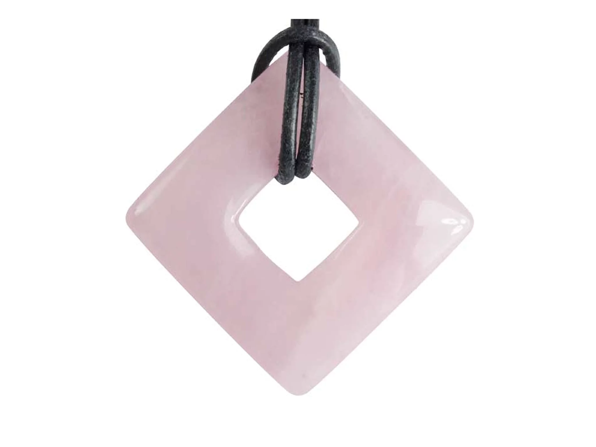 Rose quartz square donut pendant in delicate pink with black leather cord against white background