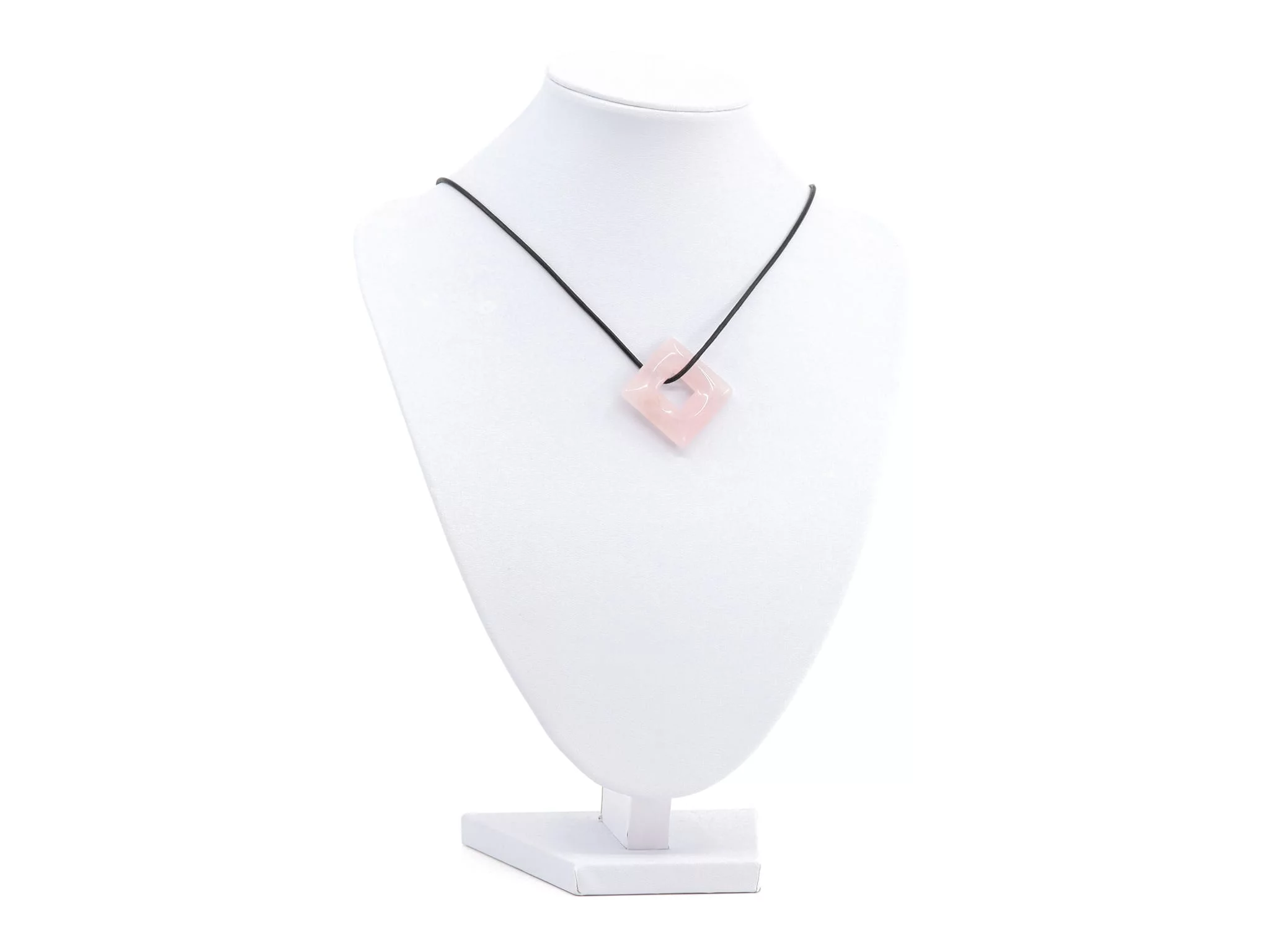 Rose quartz square donut pendant as necklace on a white jewelry bust