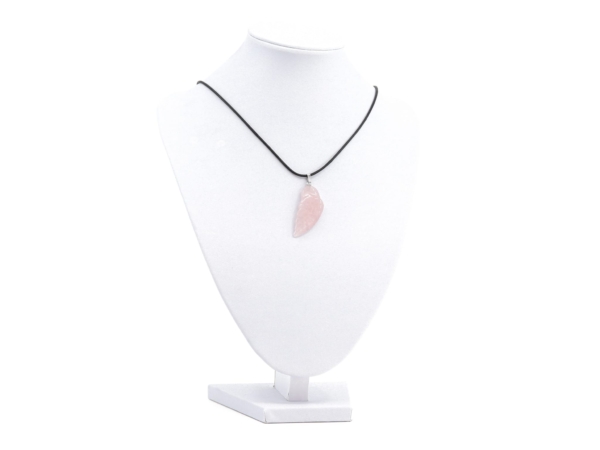 Rose quartz angel wing pendant as a necklace on a white jewelry bust