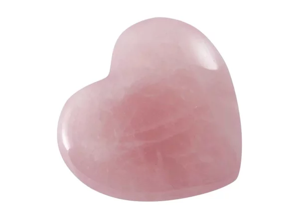 Rosenquarz Handschmeichler in Herzform mit glatter rosa Oberfläche auf weissem Hintergrund