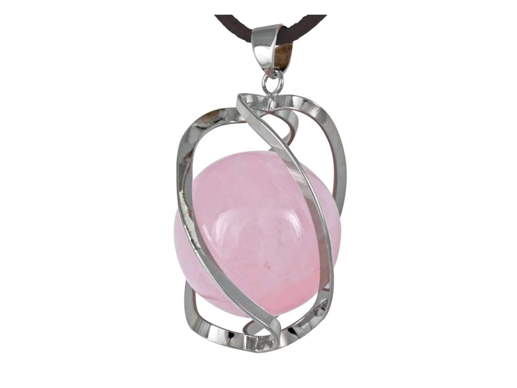 Rose quartz sphere pendant in a silver-colored spiral cage with a black cord against a white background